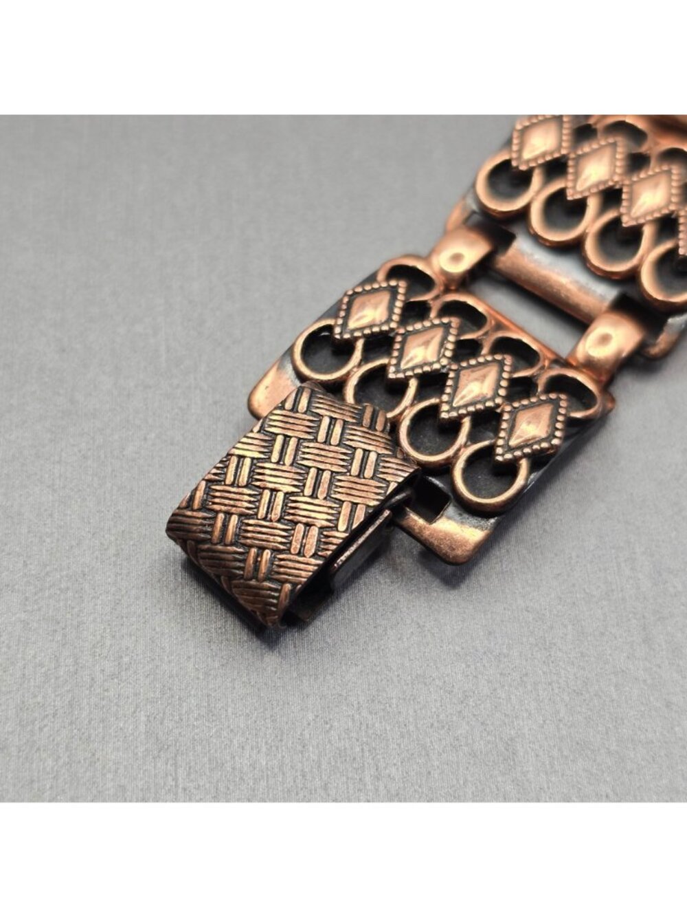 Vintage Copper Filigree Panel Bracelet 7" Wide Boho Geometric Link Statement - Picture 7 of 12